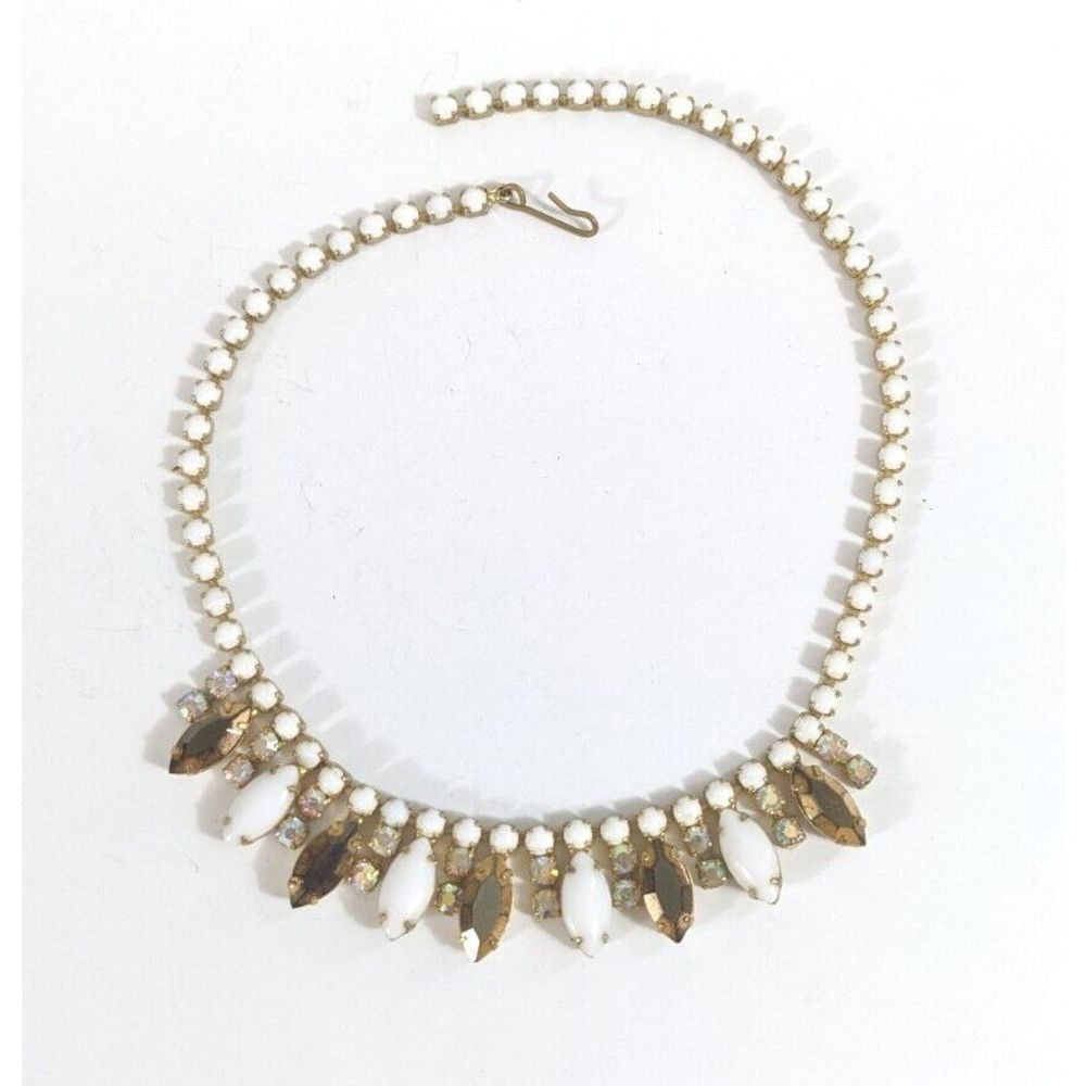Opaque White Rhinestone And Ab Brown Rhinestones Necklace  15 Inches